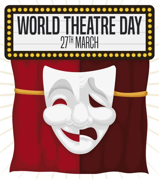 Segno illuminato, sipario sul palco e maschera per celebrare la giornata del teatro, illustrazione vettoriale — Vettoriale Stock