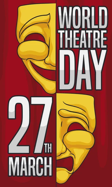 Maschera a due pezzi per celebrare la Giornata Mondiale del Teatro, illustrazione vettoriale — Vettoriale Stock