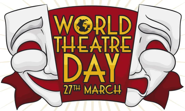 Maschera e nastro tagliati per celebrare la Giornata Mondiale del Teatro, illustrazione vettoriale — Vettoriale Stock