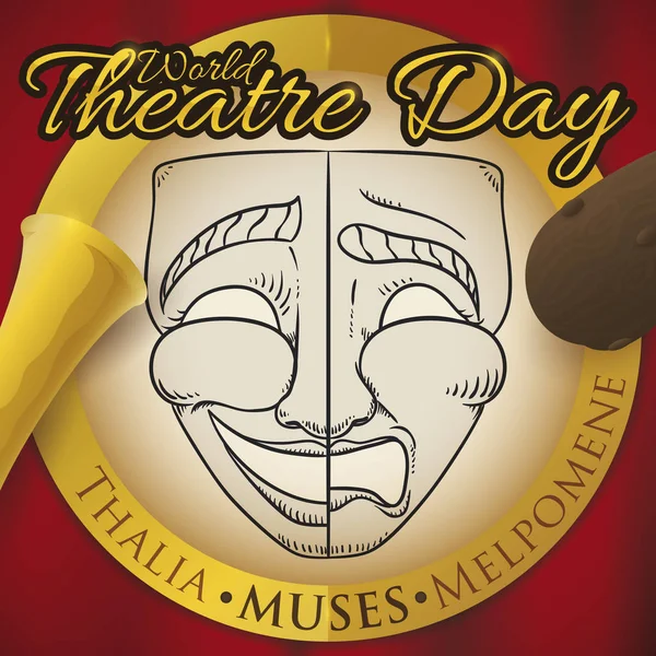 Botão representando as musas e a máscara para o Dia Mundial do Teatro, ilustração vetorial —  Vetores de Stock
