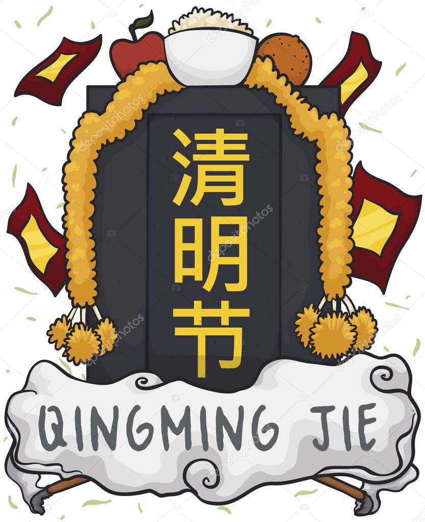 Decorated Tombstone with Ghost Money and Offering for Qingming Festival, Vector Illustration