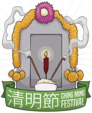 Çiçekler ile Grave ve Ching Ming festivali kutlamak için teklif, vektör Illustration