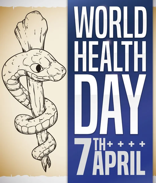 Asclepius Staff Draw in a Scroll Promoting World Health Day, Vector Illustration — Stock Vector