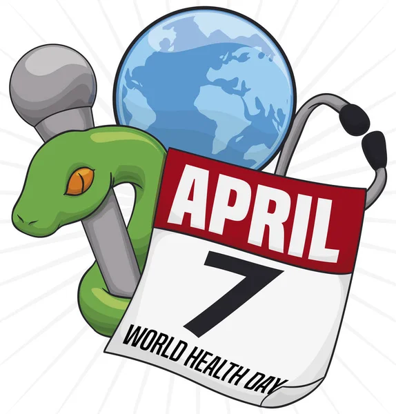 Asclepius personeel, Globe, stethoscoop en kalender te vieren gezondheid dag, vector illustratie — Stockvector