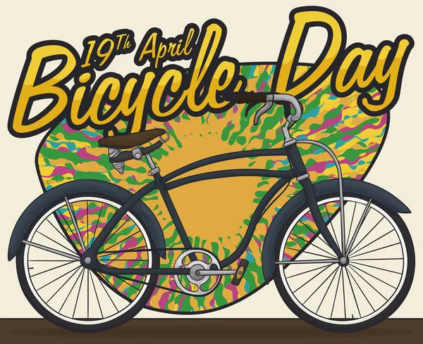 Ретро-велосипед над психоделическим красочным знаком в память о Дне велосипеда, векторная иллюстрация — стоковый вектор