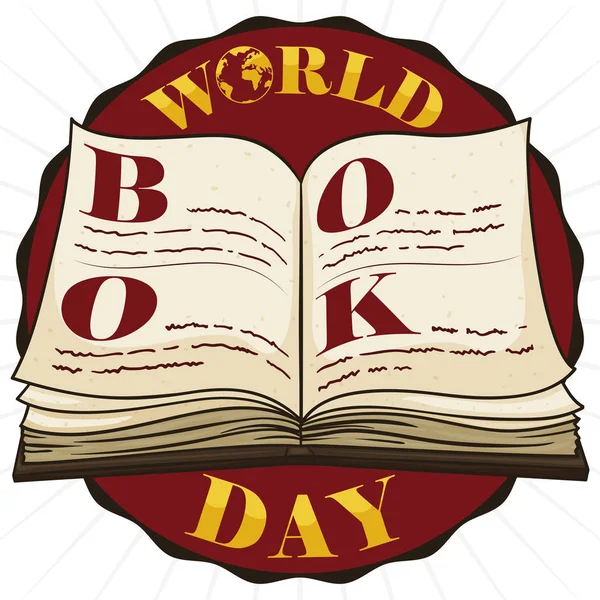 Pulsante rotondo con libro aperto per la celebrazione della Giornata Mondiale del Libro, illustrazione vettoriale — Vettoriale Stock