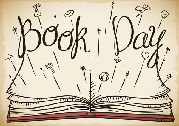 Fantastic Book Open with Doodles to Celebrate World Book Day, Vector Illustration