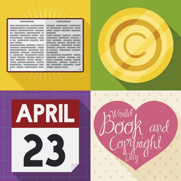 Libro, Símbolo de Copyright, Calendario y Corazón para el Día Mundial del Libro, Ilustración Vectorial — Archivo Imágenes Vectoriales