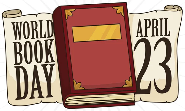 Livre avec rouleaux et date pour célébrer la Journée mondiale du livre, Illustration vectorielle — Image vectorielle