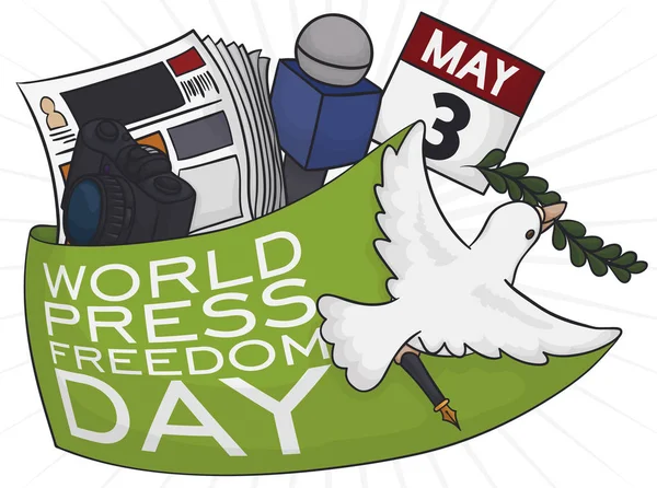 Dove Wrapping Journalist Elements to Celebrate World Press Freedom Day, Vector Illustration — Image vectorielle