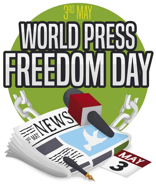 Gazete, Mikrofon, Kalem, Takvim ve Basın Özgürlüğü Günü Için Zincirler, Vektör İllüstrasyon — Stok Vektör