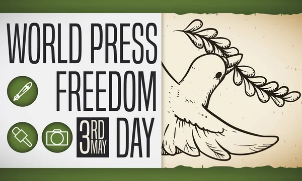 Dove Drawing in a Scroll for World Press Freedom Day, Vector Illustration — Stock Vector
