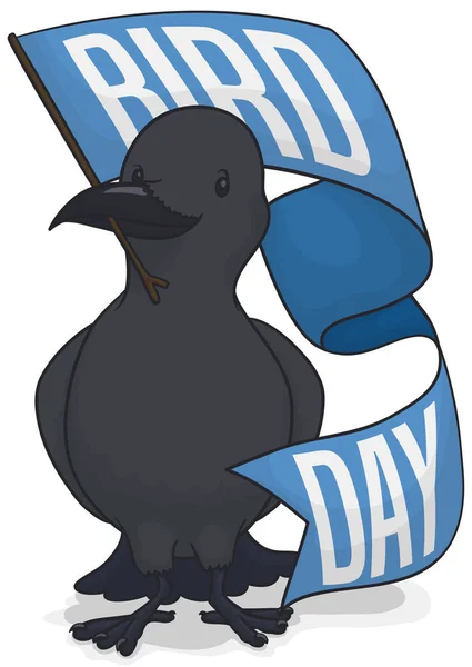 Cuervo negro sosteniendo una bandera de saludo para celebrar el Día de las Aves, ilustración vectorial — Vector de stock
