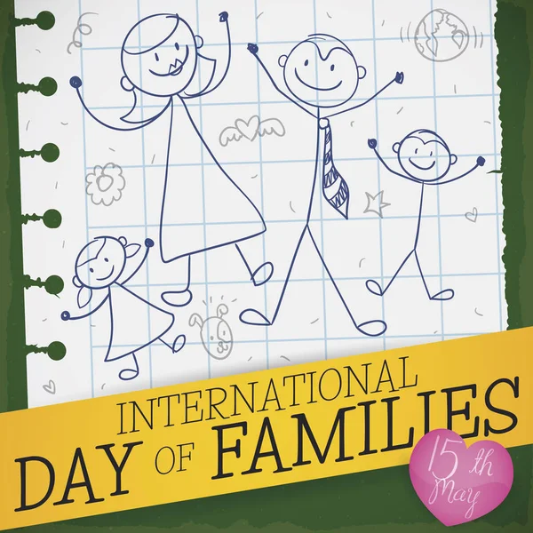 Uluslararası Aileler Günü Için Defter Kağıdında Sevimli Çizim, Vektör İllüstrasyonu — Stok Vektör