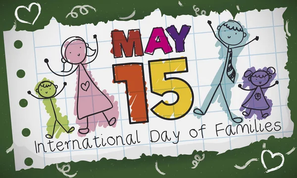 Disegno familiare in stile Doodle per celebrare la Giornata delle famiglie, illustrazione vettoriale — Vettoriale Stock