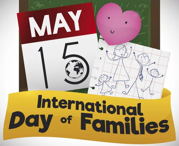 Takvim, Kalp ve Çizim Aileler, Vektör İllüstrasyon Uluslararası Günü Kutlamak için — Stok Vektör