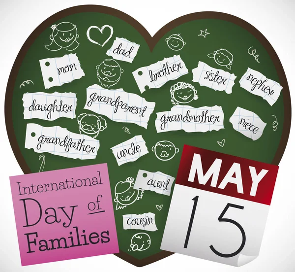 Lavagna con i membri della famiglia per celebrare la Giornata internazionale delle famiglie, illustrazione vettoriale — Vettoriale Stock