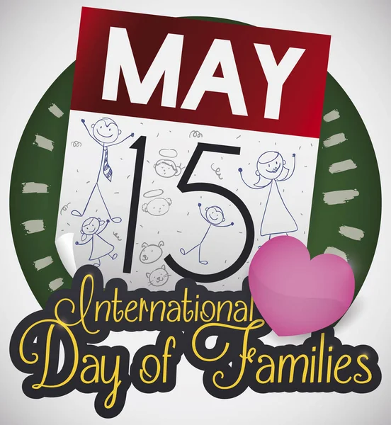 Uluslararası Aileler Günü için Doodles ve Kalp ile Takvim, Vektör İllüstrasyon — Stok Vektör