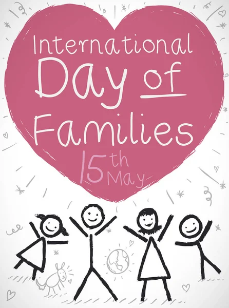 Aile Çizim ve Kalp Kutlayan Uluslararası Aileler Günü, Vektör İllüstrasyon — Stok Vektör