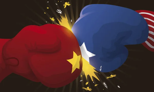 Крушение перчаток, представляющих торговую войну между США и Китаем, векторная иллюстрация — стоковый вектор