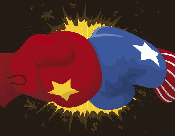 Guantes que se golpean entre sí debido a la guerra comercial: China vs EE.UU, Vector Illustration — Archivo Imágenes Vectoriales