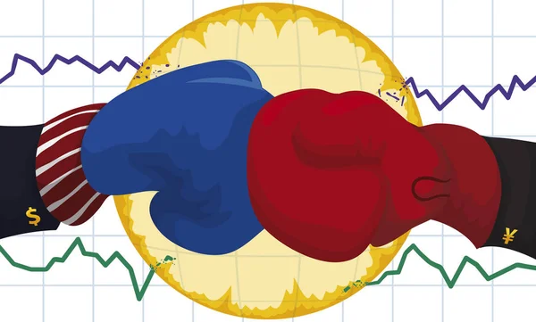 Ökölvívás kesztyű és statisztika Clash miatt kereskedelmi háborús konfliktus, Vector illusztráció — Stock Vector