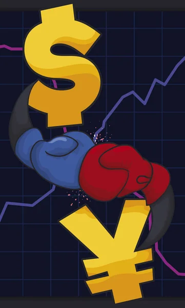 Pénz szimbólumok küzdelem a boksz kesztyű alatt kereskedelmi háború, Vector illusztráció — Stock Vector