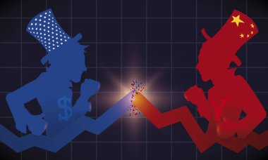 Amerikan ve Çin Ticaret Savaşı sırasında Mücadele İstatistikler ve Baylar, Vektör İllüstrasyon