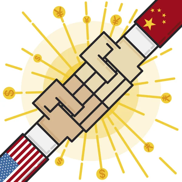 Punhos americanos e chineses em confronto com moedas durante a guerra comercial, ilustração vetorial — Vetor de Stock