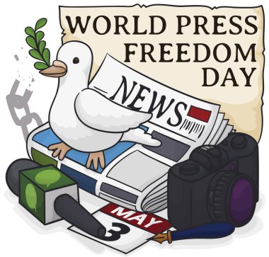 Dünya Basın Özgürlüğü Günü, Vektör İllüstrasyon için Gazeteci Unsurları üzerinde Cute Dove