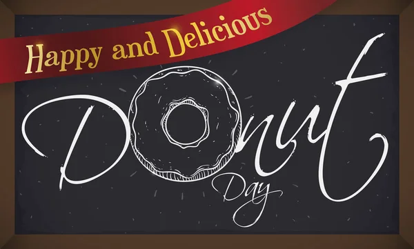Jubileums krita ritning med hälsning band för att fira donut dag, vektor illustration — Stock vektor