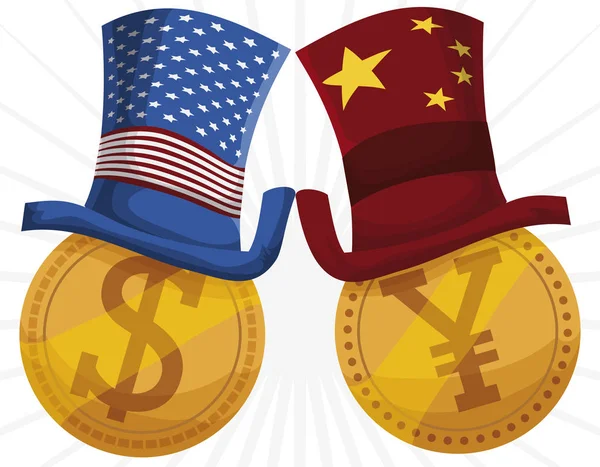 Золоті монети в капелюхах під час торговельної війни між США-Китай, Векторні ілюстрації — стоковий вектор