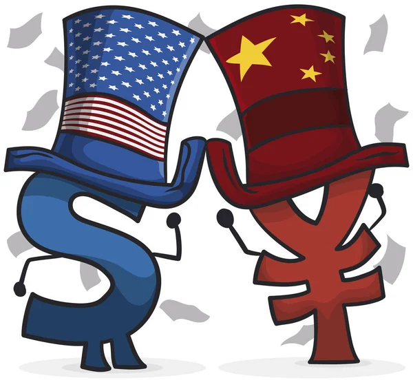 Money Symbols with Hats Fighting due Trade War between U.S.A.-China, Vector Illustration — Stock Vector