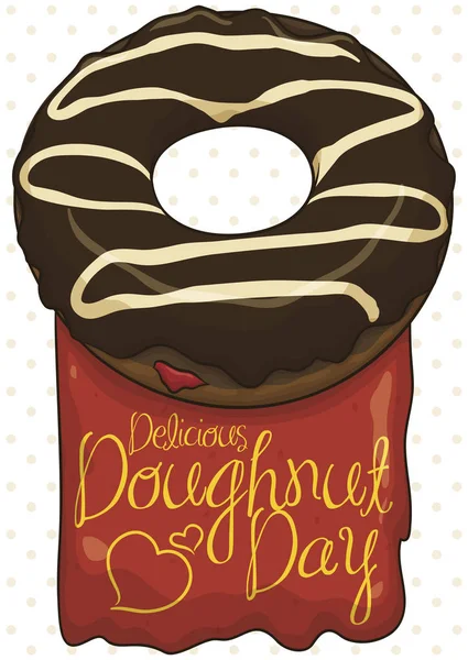 Delicioso Donut de Chocolate con Cartel de Jalea para Celebración del Día de la Donut, Ilustración de Vectores — Vector de stock