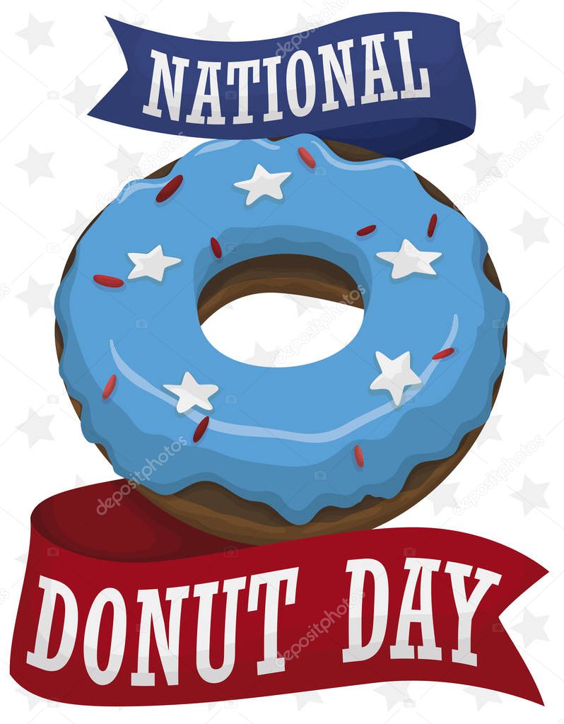 Donut with Glaze, Sprinkles and Ribbon for National Donut Day, Vector Illustration