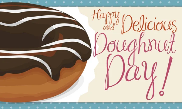 Donut met chocolade glazuur en label voor donut dag viering, vector illustratie — Stockvector