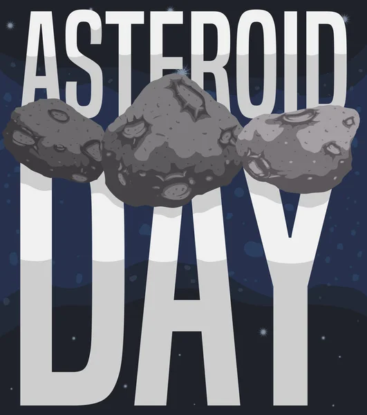 Asteroides en el espacio con saludo para el día del asteroide, ilustración del vector — Vector de stock