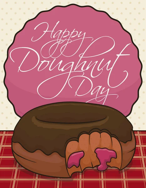Heerlijke chocolade donut over tafelkleed voor donut dag gebeurtenis, vector illustratie — Stockvector