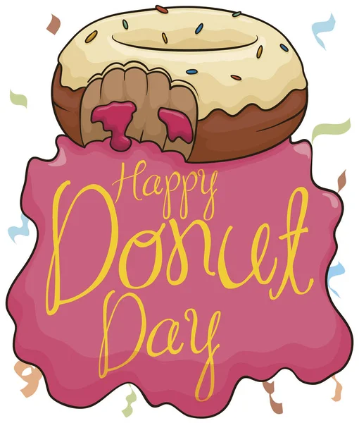 Rosquilla Mordida con Chocolate Blanco y Jimmies para el Día de la Donut, Vector Illustration — Vector de stock
