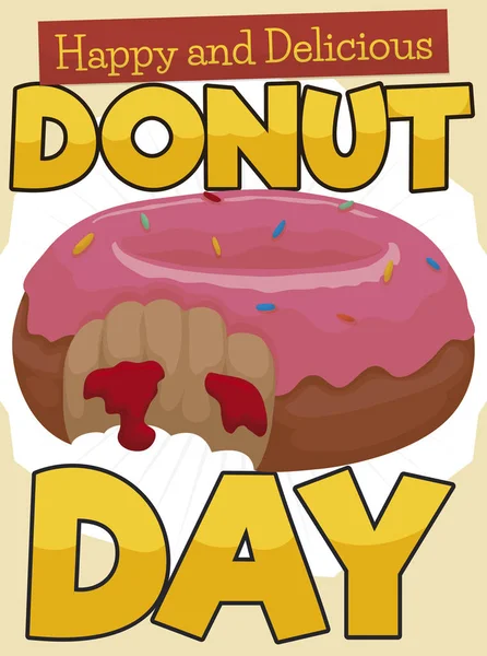 Donut festivo con Jimmies y mermelada para celebrar el Día del Donut, ilustración vectorial — Vector de stock