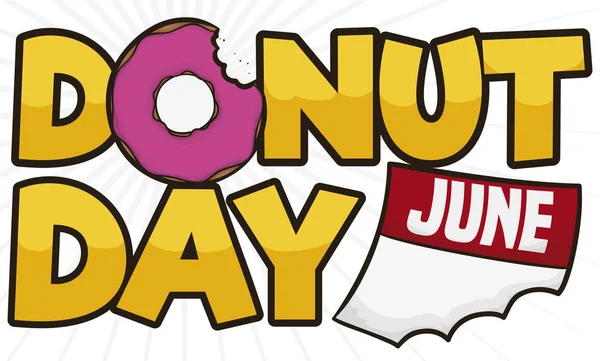 Pół bitten Doughnut i kalendarz świętować Donut Day, wektor ilustracji — Wektor stockowy