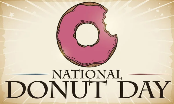 Hälften biten munk dra för att fira nationella donut dag, vektor illustration — Stock vektor
