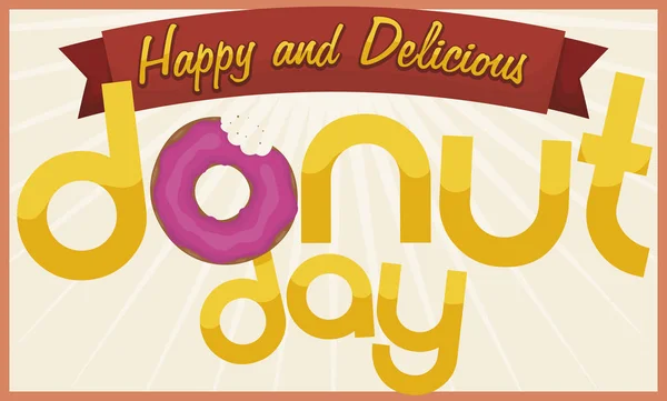 Delicioso donut, sinal e fita para o evento do dia Donut, ilustração vetorial — Vetor de Stock