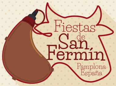 San Fermin Kutlama, Vektör İllüstrasyon için Kordonlar ile Kantin ve Boğa Silueti