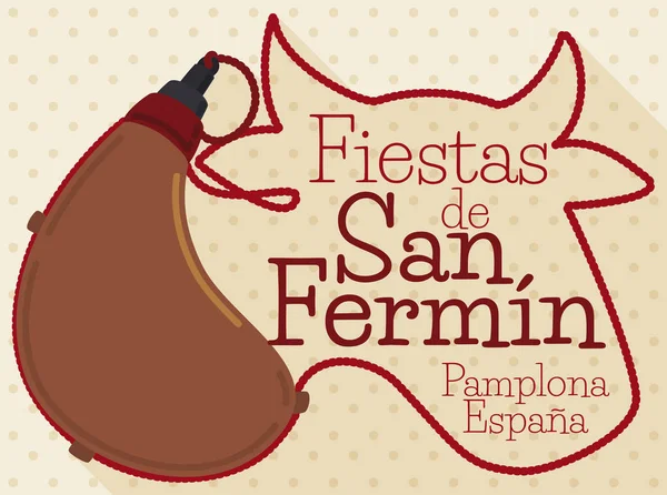 Cantina y Silueta de Toro con Cordones para Celebración de San Fermín, Ilustración Vectorial — Vector de stock