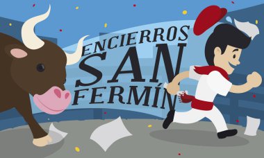 San Fermin Geleneksel Encierros Kutluyor Runner ve Boğa, Vektör İllüstrasyon
