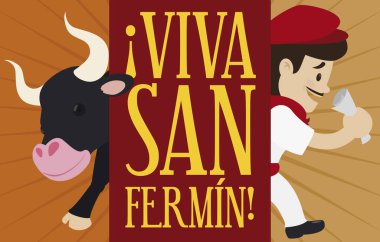 Boğa ve Runner İspanyol Encierros de San Fermin, Vektör İllüstrasyon için hazır