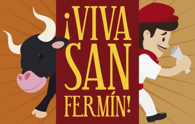 Bull and Runner ready for Spanish Encierros de San Fermin, Vector Illustration clipart