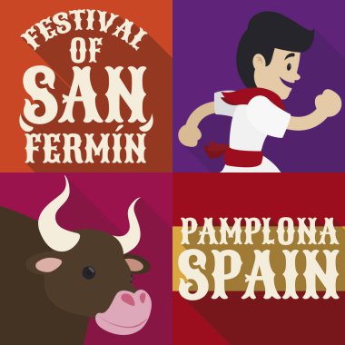 Pamplona San Fermin Festivali için Runner ve Bull, Vektör İllüstrasyon