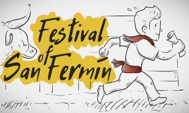 Bull in Pursuit of Runner during Festival of San Fermin, Vector Illustration clipart